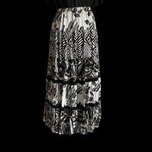 Chicos Black White Silk Blend Tiered Pull On Lined Maxi Boho Skirt Sz 2 (12/14)